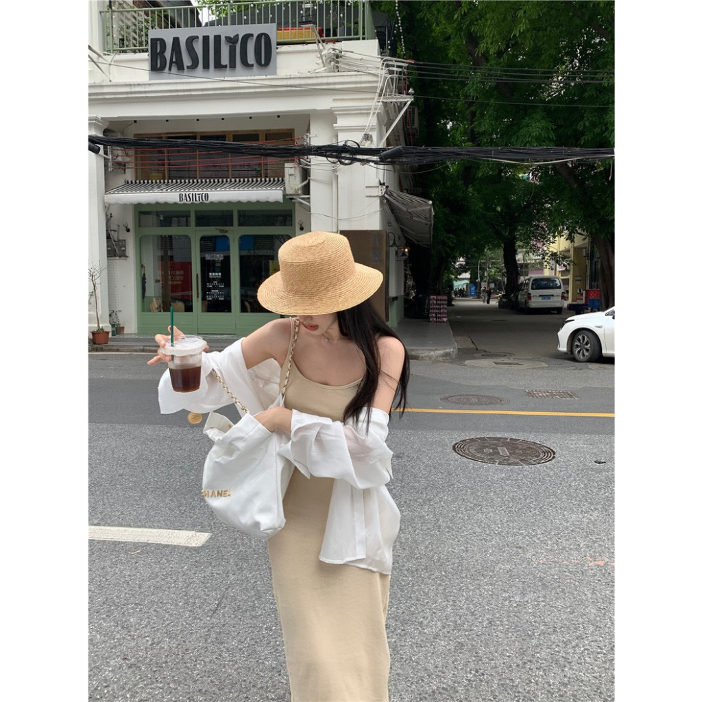 SET ĐẦM 2 DÂY GÂN TĂM KEM MIDI + ÁO KHOÁC SƠ MI TRẮNG