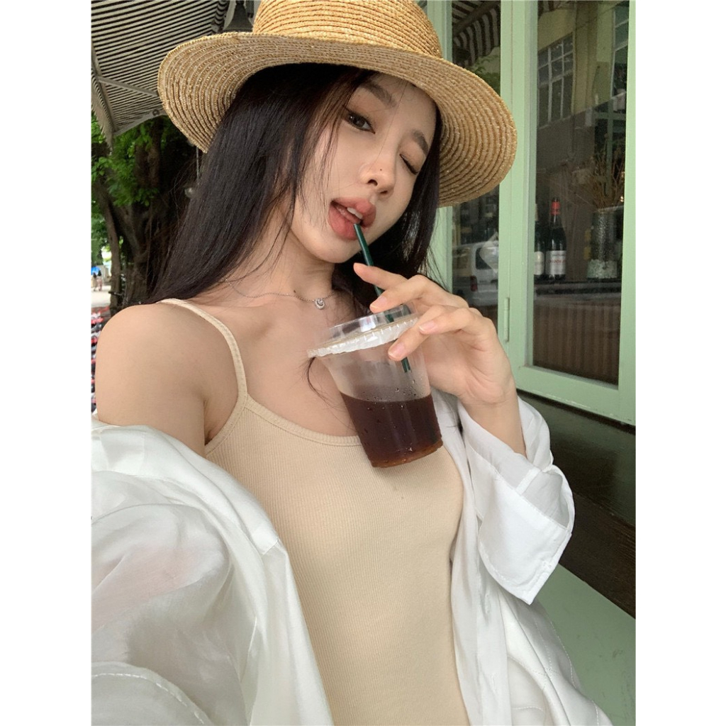 SET ĐẦM 2 DÂY GÂN TĂM KEM MIDI + ÁO KHOÁC SƠ MI TRẮNG