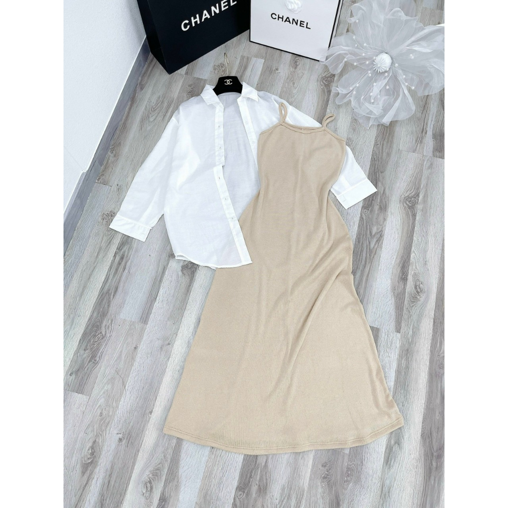 SET ĐẦM 2 DÂY GÂN TĂM KEM MIDI + ÁO KHOÁC SƠ MI TRẮNG