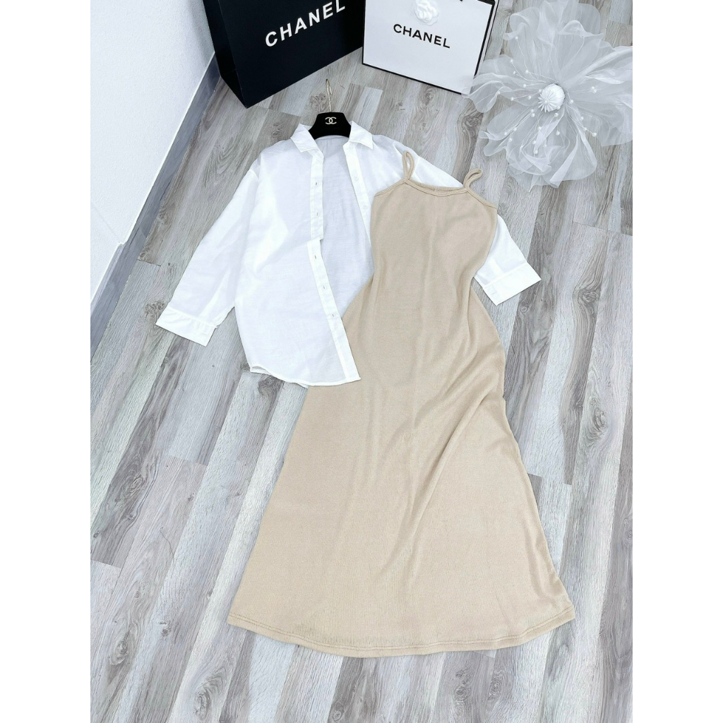 SET ĐẦM 2 DÂY GÂN TĂM KEM MIDI + ÁO KHOÁC SƠ MI TRẮNG