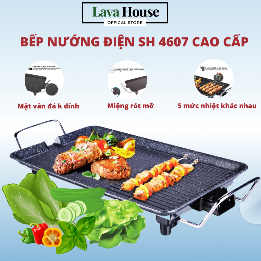 Bếp nướng điện không khói SH 4707 6 mức nhiệt, công suất 1500W, bề mặt tráng men chống dính, bảo hành 12 tháng
