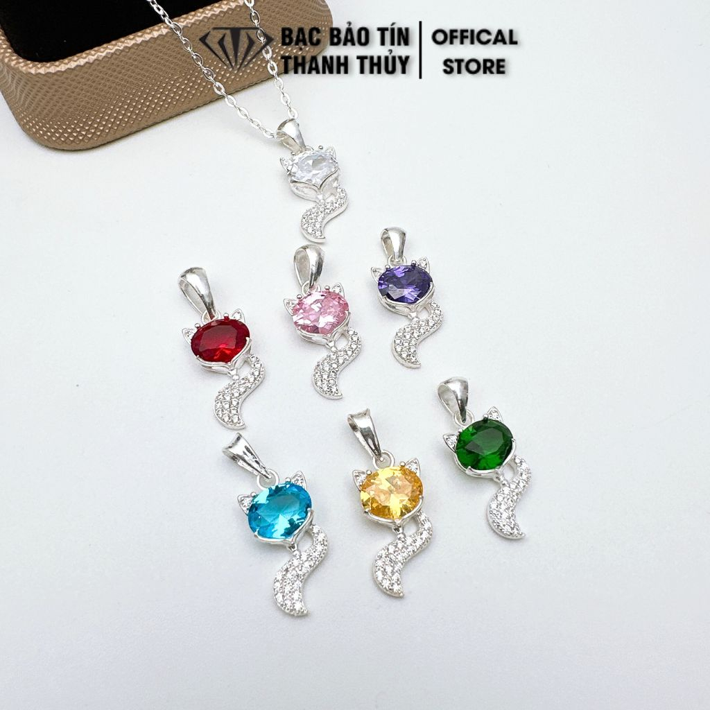 Mặt dây chuyền bạc hồ ly đá xanh,đỏ,vàng, hồng Bảo Tín Thanh Thủy, chất liệu bạc ta nguyên chất 0.37chỉ dài 2.7cm-1.1 cm