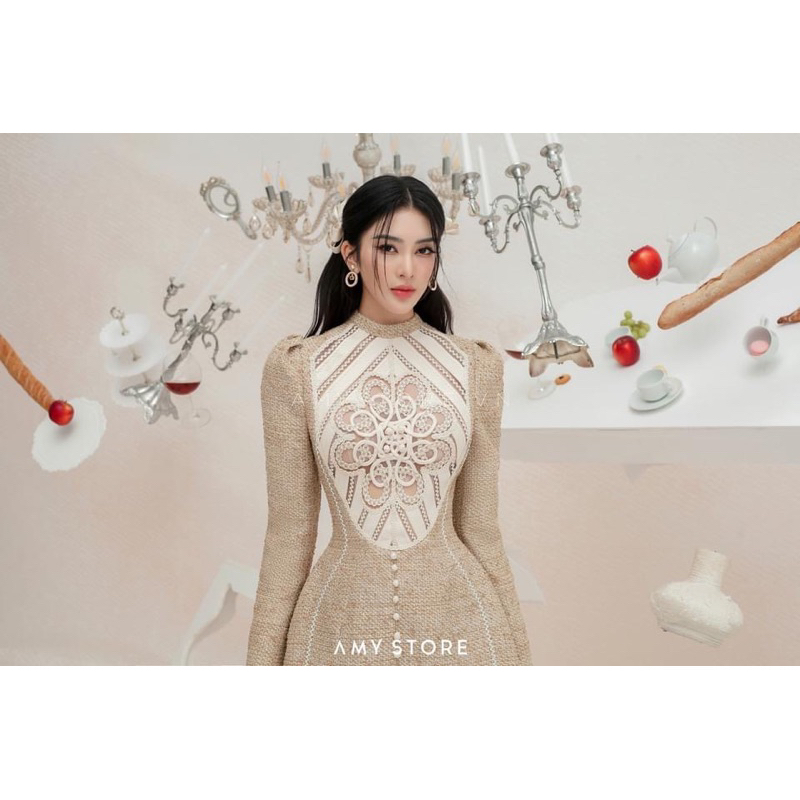 Đầm dạ text phối ren tay dài sang trọng MC