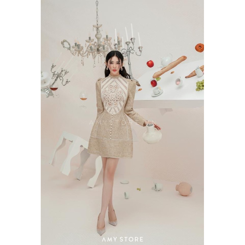 Đầm dạ text phối ren tay dài sang trọng MC