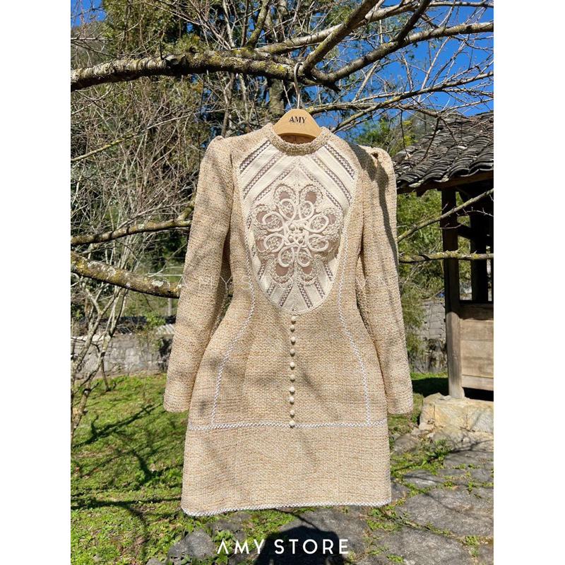 Đầm dạ text phối ren tay dài sang trọng MC