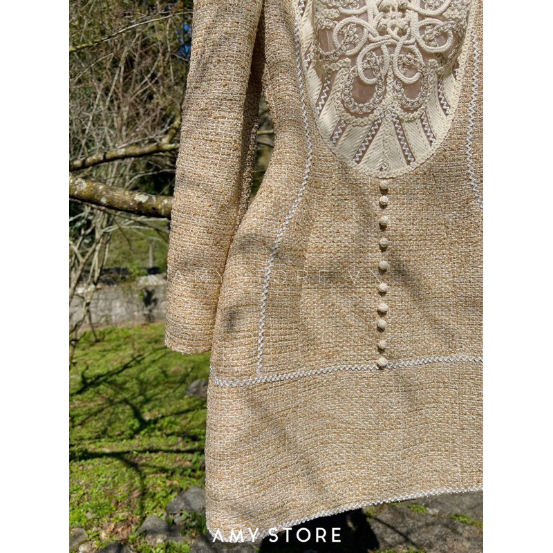 Đầm dạ text phối ren tay dài sang trọng MC