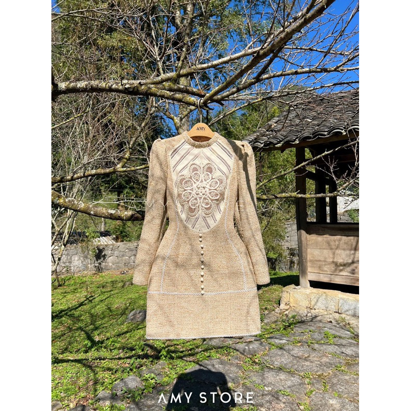 Đầm dạ text phối ren tay dài sang trọng MC