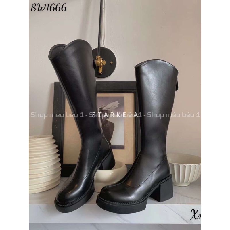 Boot đùi lửng stakela mũi tròn gót vuông khoá sau fullbox hàng quảng châu cao cấp