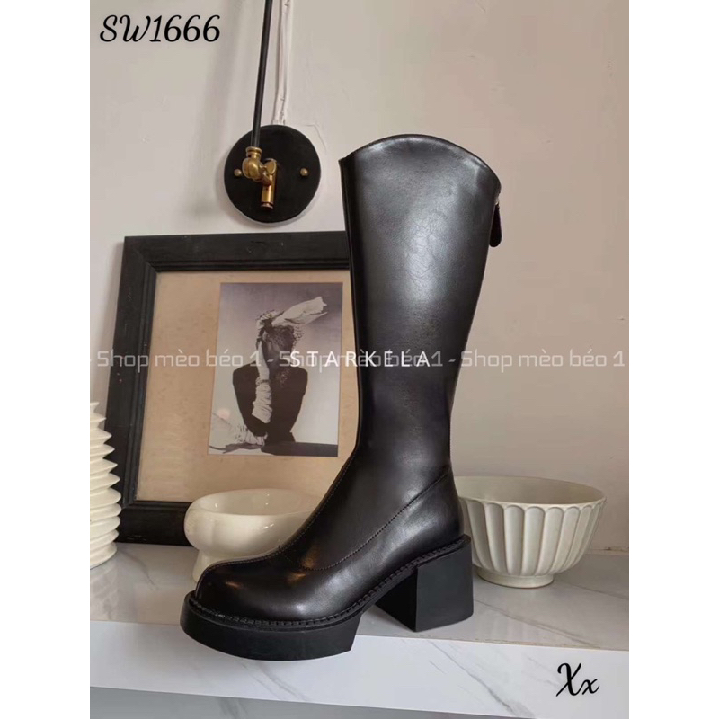 Boot đùi lửng stakela mũi tròn gót vuông khoá sau fullbox hàng quảng châu cao cấp