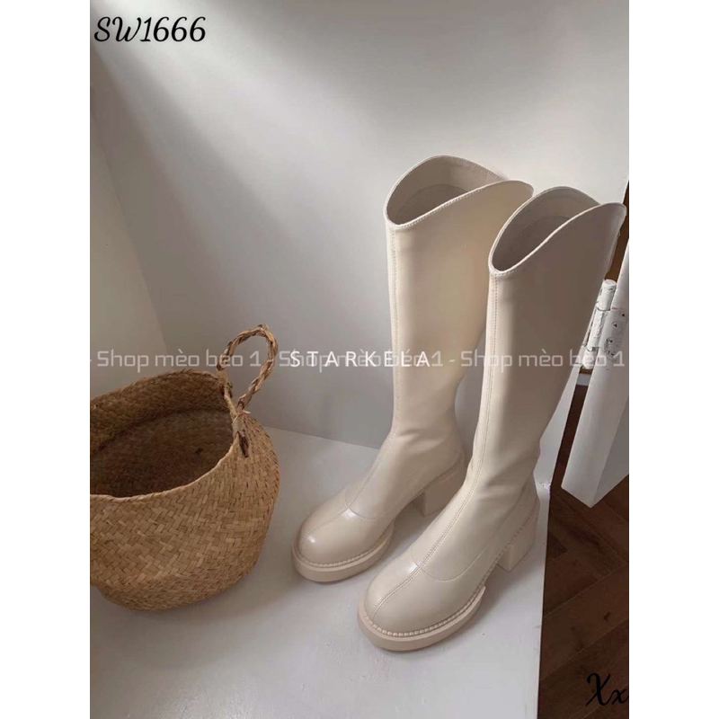 Boot đùi lửng stakela mũi tròn gót vuông khoá sau fullbox hàng quảng châu cao cấp