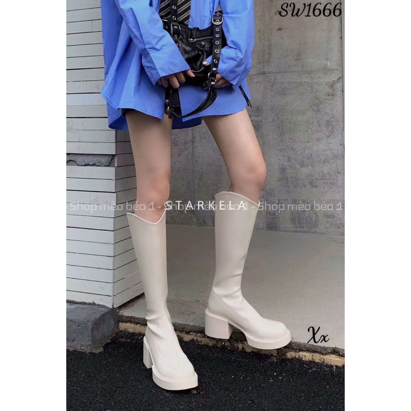 Boot đùi lửng stakela mũi tròn gót vuông khoá sau fullbox hàng quảng châu cao cấp