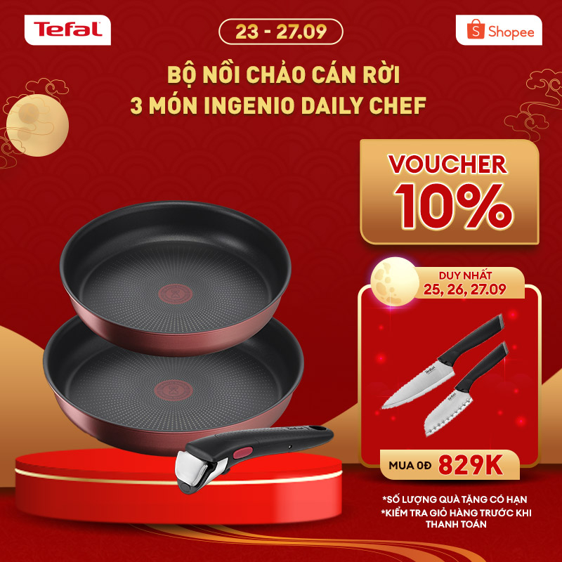 Bộ nồi chảo cán rời 3 món Ingenio Daily Chef (chảo chiên 26cm, chảo chiên 22cm, tay cầm rời) (8 năm)