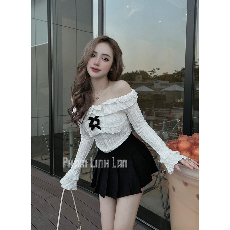 Set áo trễ vai phối ngực co giãn nhẹ + chân váy xoè loại 1 tiểu thư bánh bèo / maybecloset