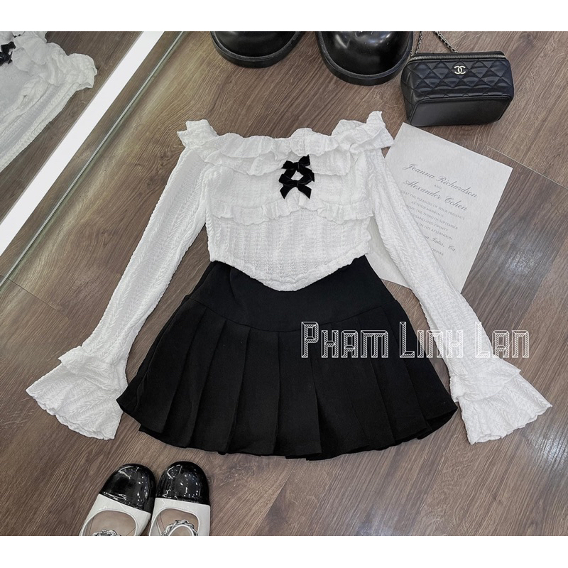 Set áo trễ vai phối ngực co giãn nhẹ + chân váy xoè loại 1 tiểu thư bánh bèo / maybecloset