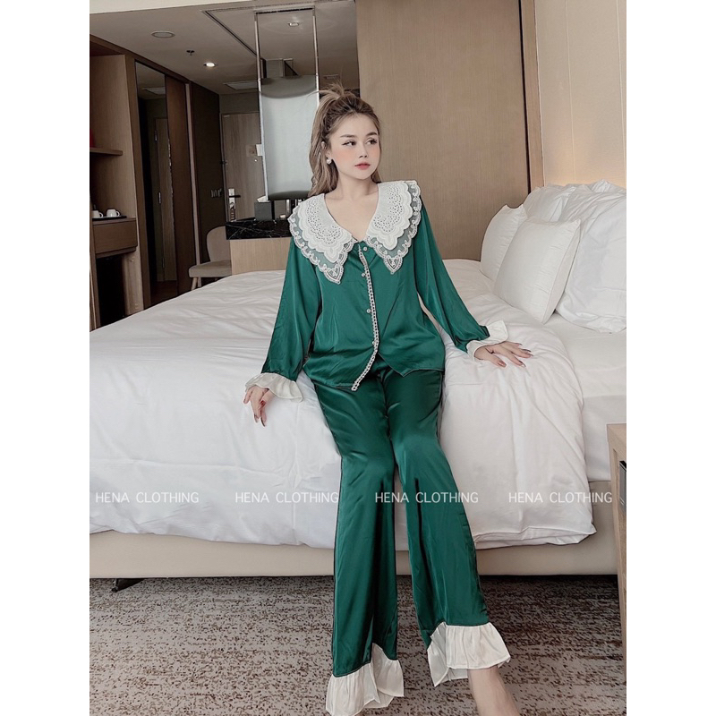 Bộ Lụa Mặc Nhà Cổ Bèo Phối Ren Trắng Sang Chảnh Tiểu Thư - Pijama Nữ Nhiều Màu Đủ Size