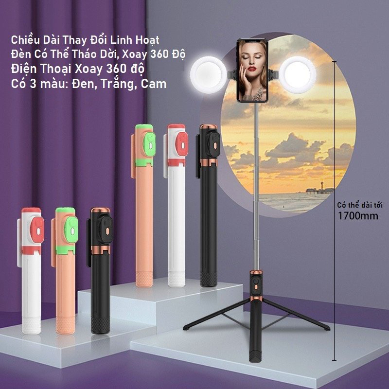 Gậy Chụp Ảnh Tự Sướng Dài 1.7M , Gậy Selfie JC-18H có 2 đèn Led trợ sáng, Gậy Tripod 3 Chân Livestream kết nối Bluetooth