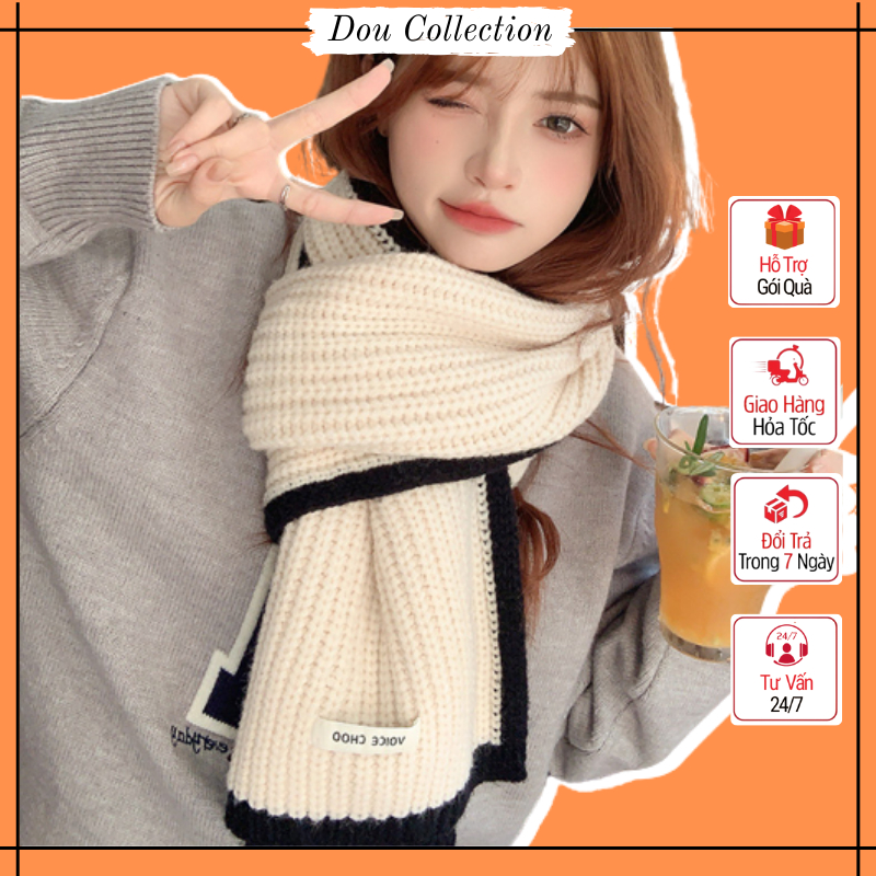 Khăn len quàng cổ unisex nam nữ, Khăn cashmere dệt kim phối viền kèm tag thời trang thu đông - 30x190cm - Mã LN126