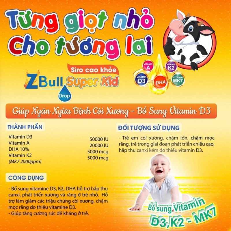 Siro Cao Khoẻ Zbull Super Kid Drop Bổ Sung Vitamin D3, K2, A, DHA Giúp Tăng Hấp Thu Canxi, Ngừa Còi Xương, Chậm Mọc Răng