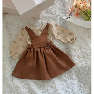 Set áo yếm rời thu đông dài tay cho bé gái từ 6 - 30kg màu nâu tây yếm nhung + áo linen bột