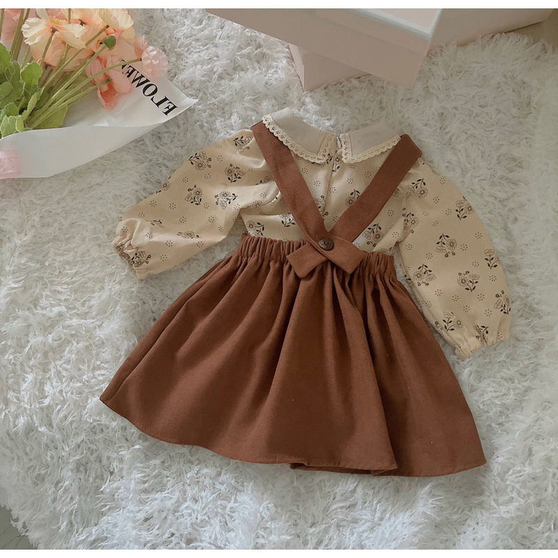 Set áo yếm rời thu đông dài tay cho bé gái từ 6 - 30kg màu nâu tây yếm nhung + áo linen bột