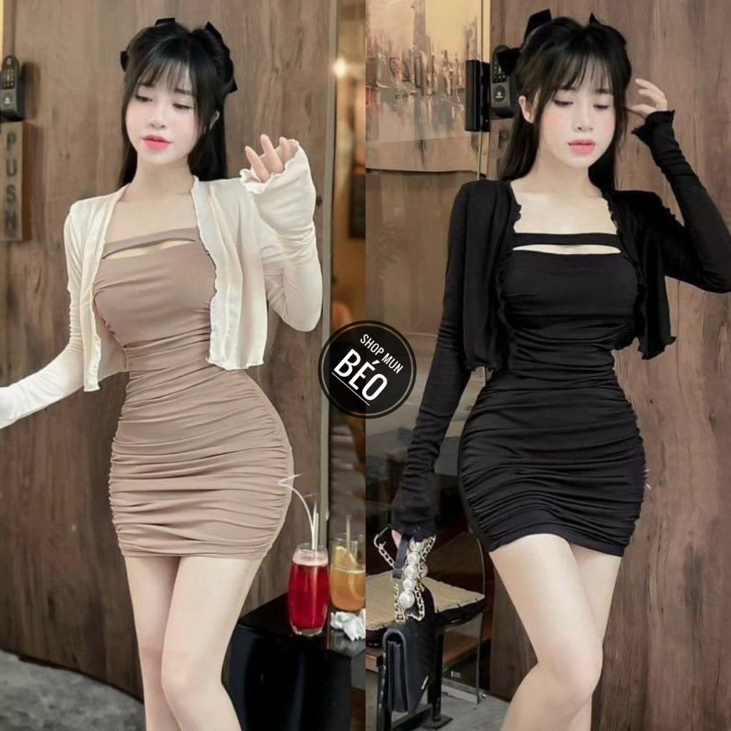 Set đầm nhún khoét ngực có mút kèm áo khoác chất thun dẻo co giãn thích hợp mặc đi tiệc đi làm đi chơi