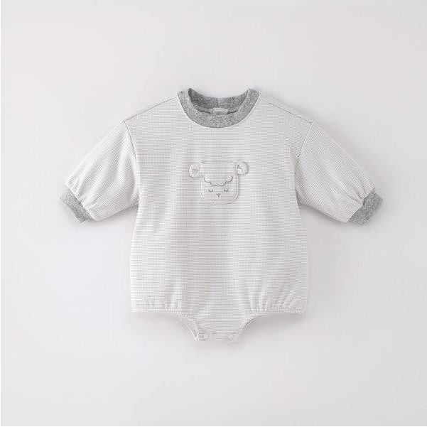 Set Nous Romper kẻ xám kèm mũ thêu cừu 3M 6M 9M 12M