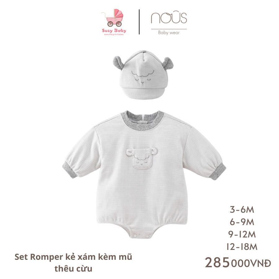 Set Nous Romper kẻ xám kèm mũ thêu cừu 3M 6M 9M 12M