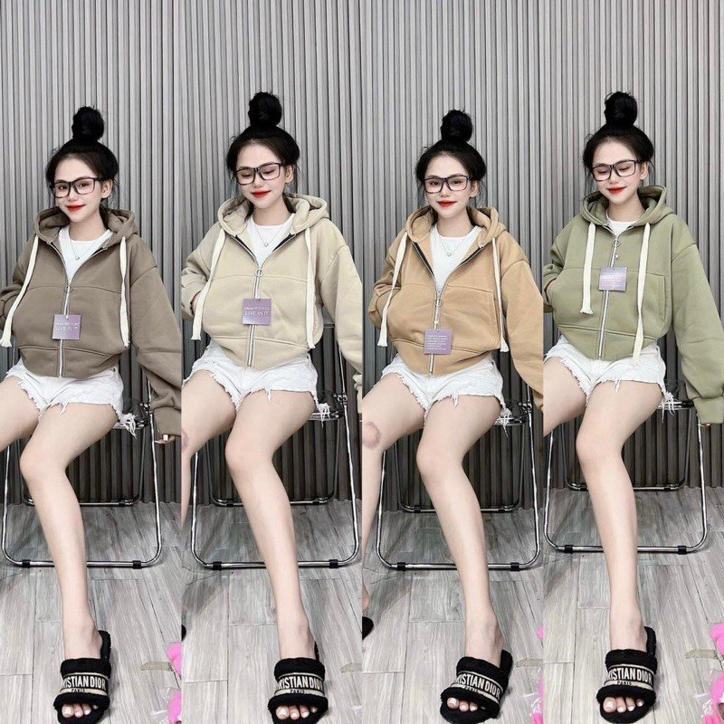 Áo nỉ nữ dáng croptop có mũ, áo hoodie zip dáng ngắn năng động