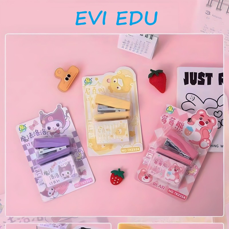 Bấm kim cute KT2354 / Dập kim cute kèm hộp kim 2354 gấu dâu Bấm kim 15 tờ/lần