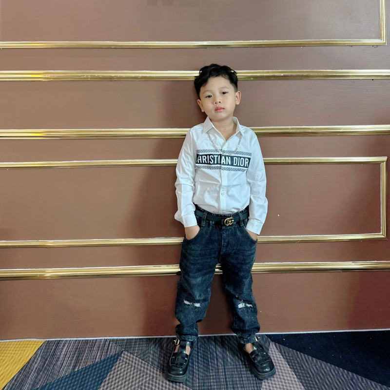 Áo sơ mi dài tay in chữ đen hàng dày đẹp thoáng mát, thấm hút mồ hôi diện đi chơi cho bé size từ 10kg đến 40kga