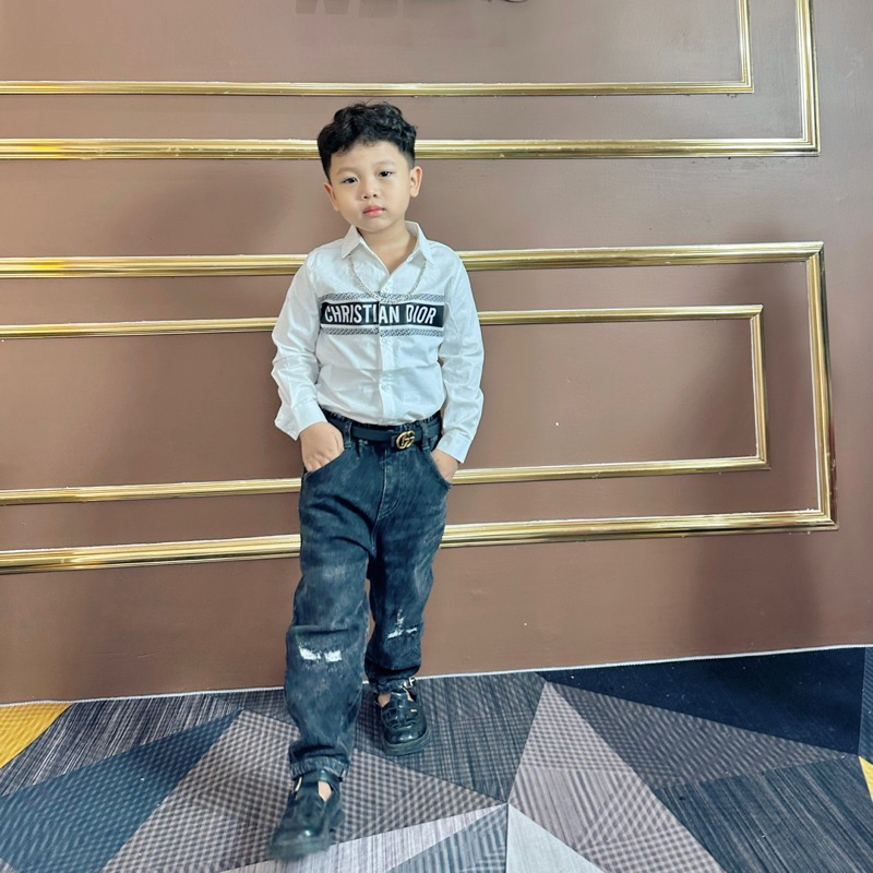 Áo sơ mi dài tay in chữ đen hàng dày đẹp thoáng mát, thấm hút mồ hôi diện đi chơi cho bé size từ 10kg đến 40kga