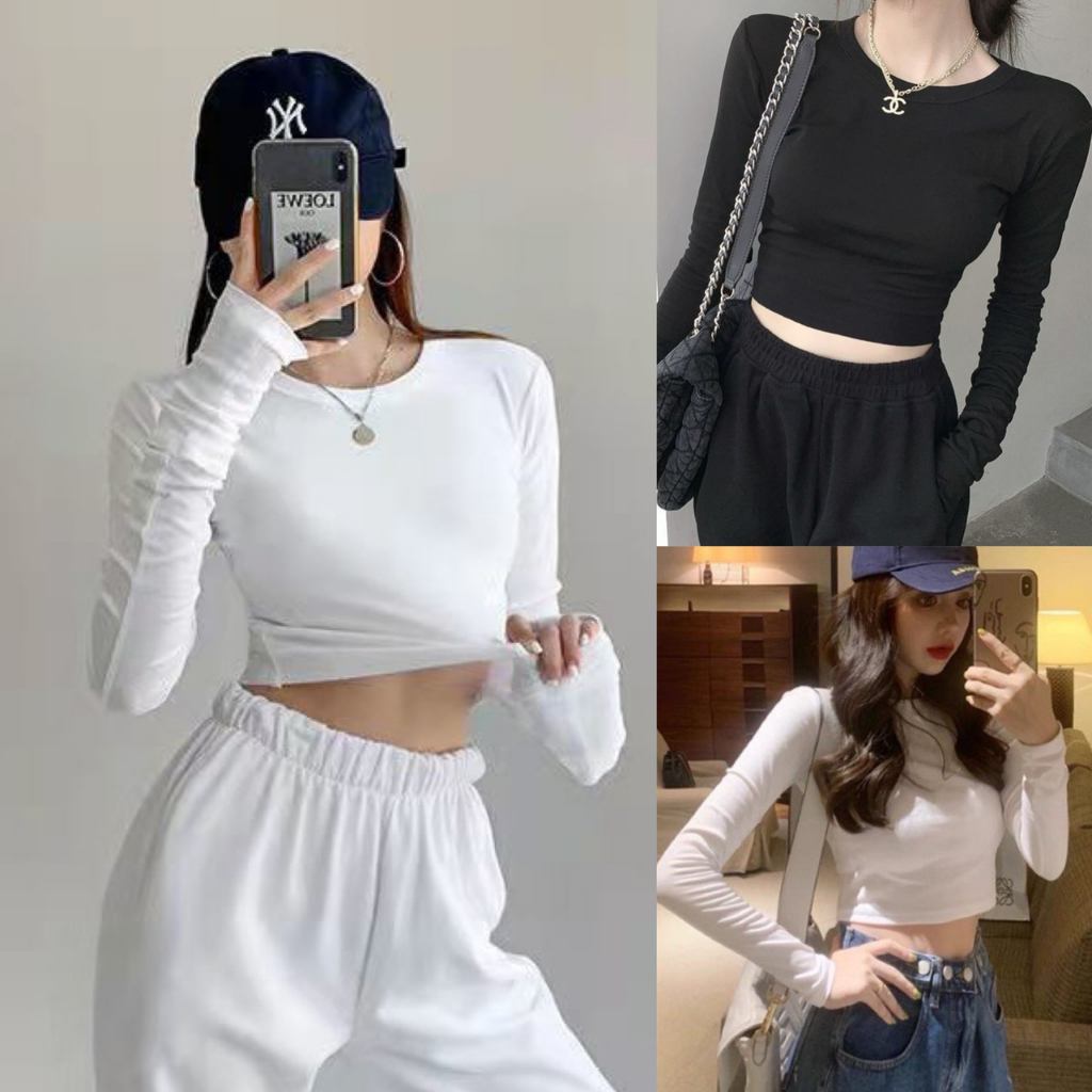 áo thun nữ,áo croptop cổ tròn tay dài kiểu dáng basic phong cách trẻ trung Hàn quốc A274 SUTANO