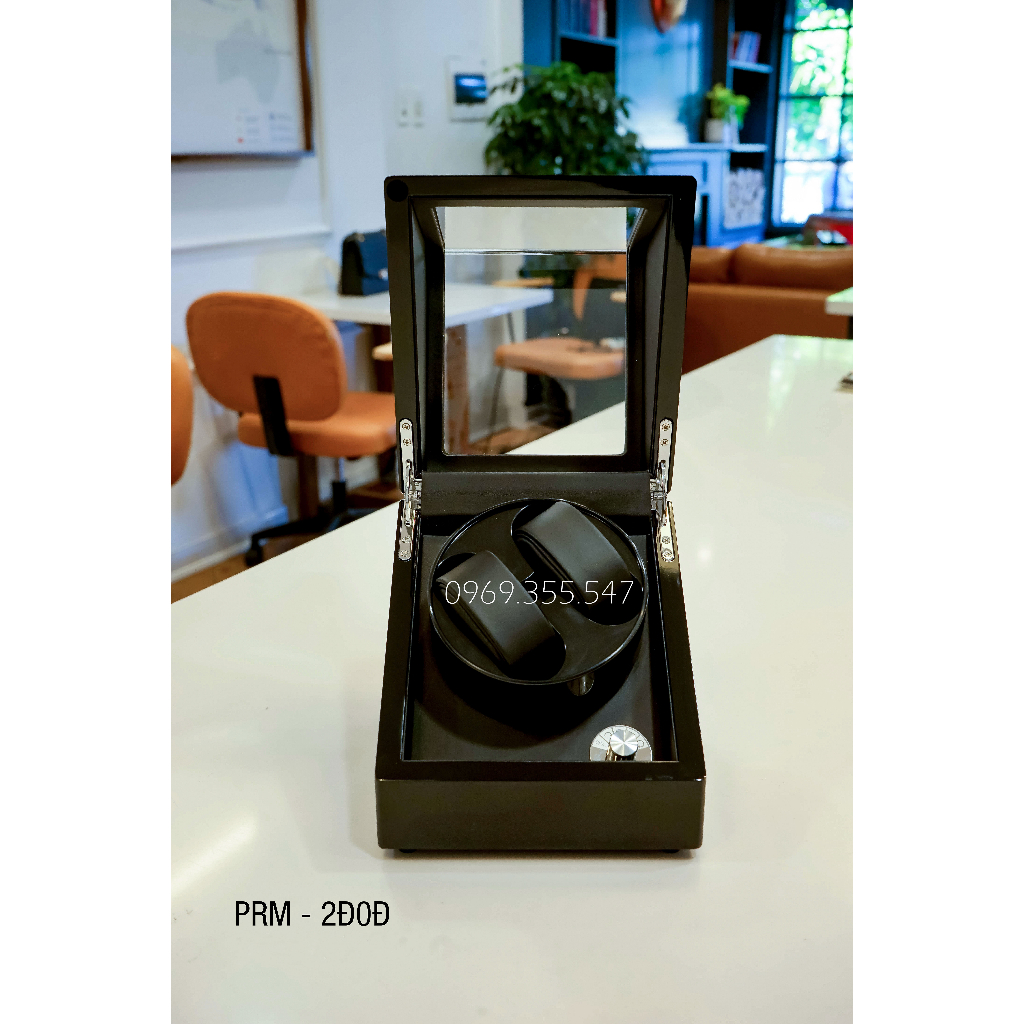 Hộp xoay đồng hồ cơ xoay tự động 2 đồng hồ có đèn Led tụ dừng khi mở nắp tặng khăn lau và dây sạc