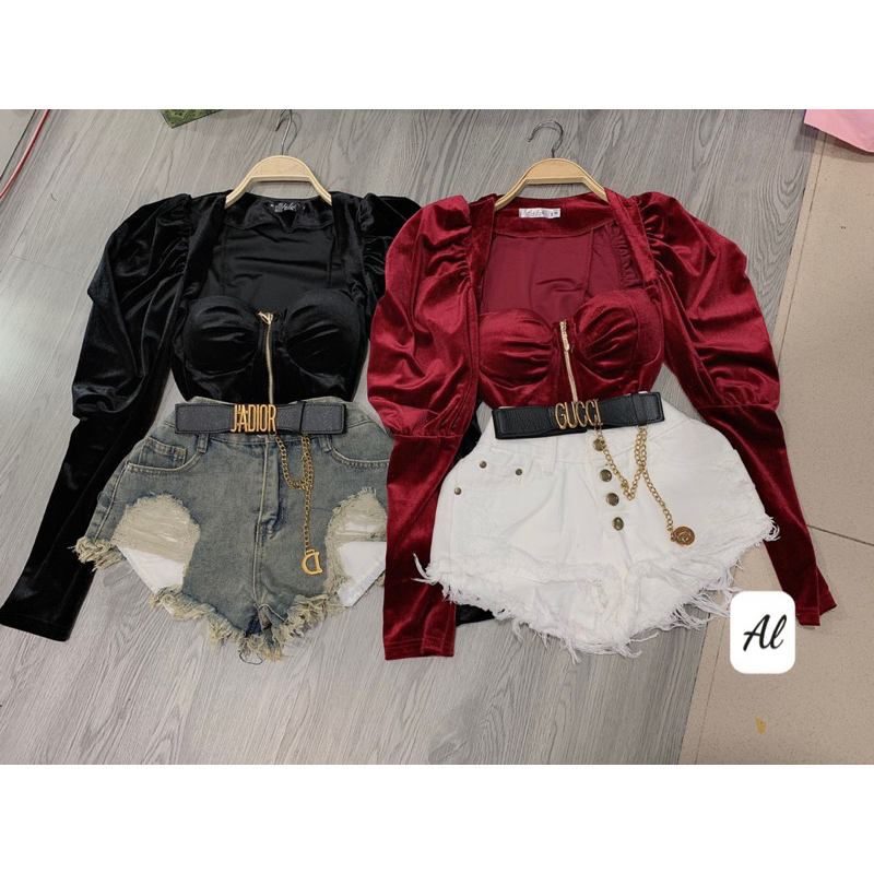 Áo nhung tay bồng phối khoá đồng cực sang