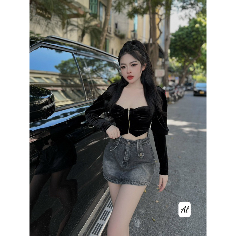 Áo nhung tay bồng phối khoá đồng cực sang