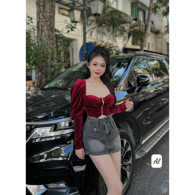 Áo nhung tay bồng phối khoá đồng cực sang