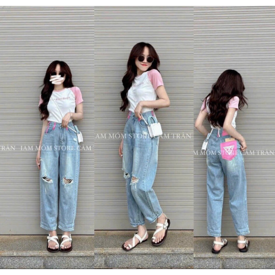 Quần jean bò baggy ống suông rộng xuông nữ jeans rin cạp cao