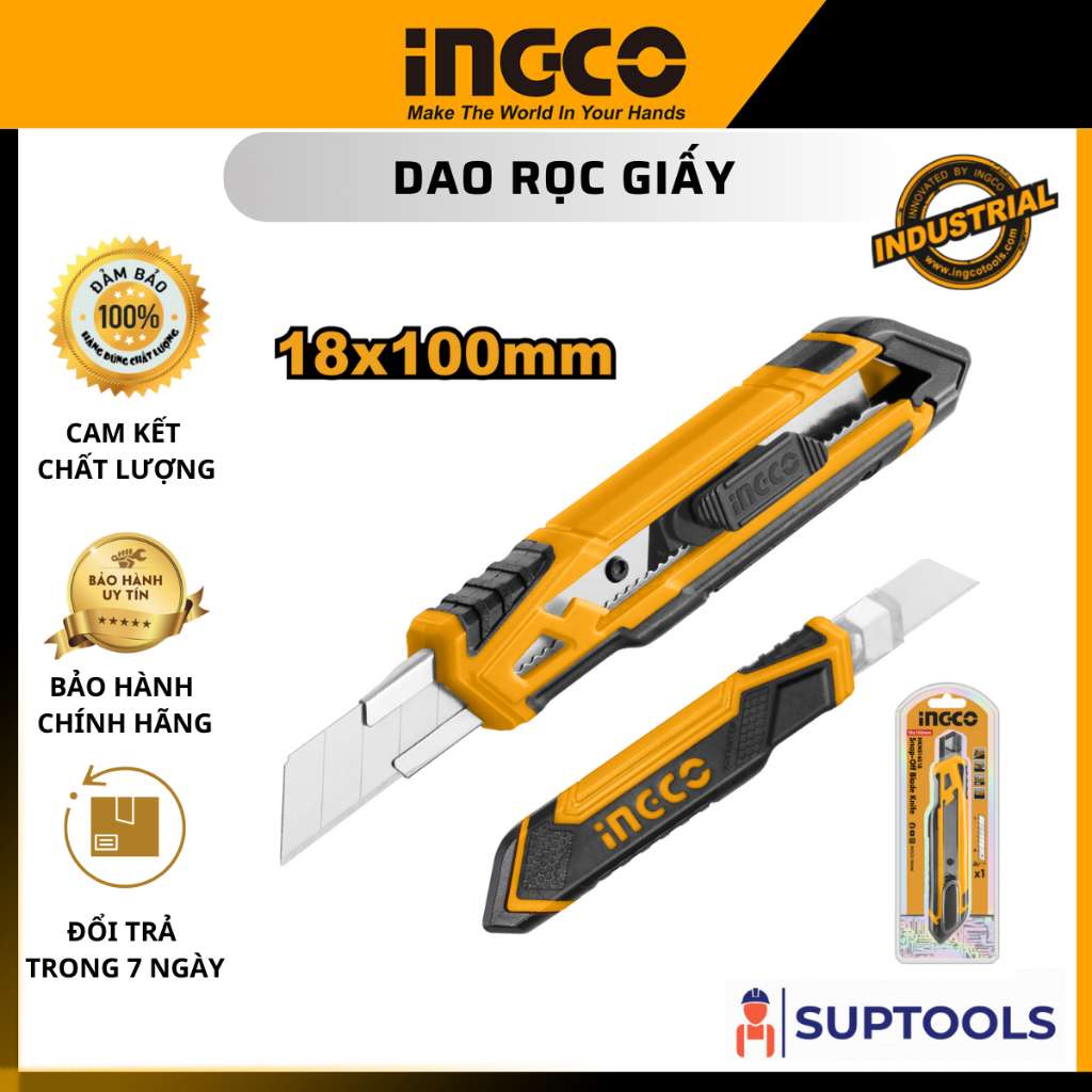 Dao rọc giấy 18X100mm INGCO HKNS16518 Chiều dài 173mm Nút ấn phẳng [Đồ nghề chính hãng]