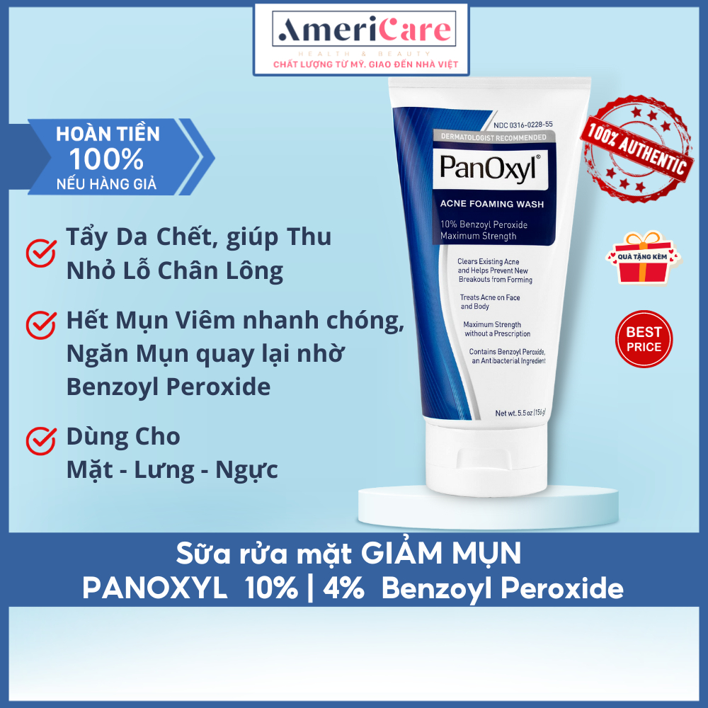 Sữa rửa mặt giảm mụn Panoxyl Creamy Acne Wash 4%, 10% Benzoyl Peroxide, Giảm Mụn Lưng - Bill Mỹ
