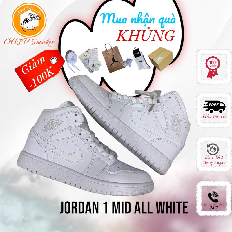 Giày thể thao trắng cổ cao Nam nữ Jordan 1 mid All White phiên bản cao cấp