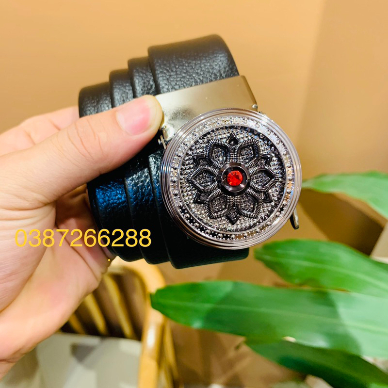 Thắt lưng mặt xoay đính màu đen mờ, Dây lưng xoay 360 thời trang