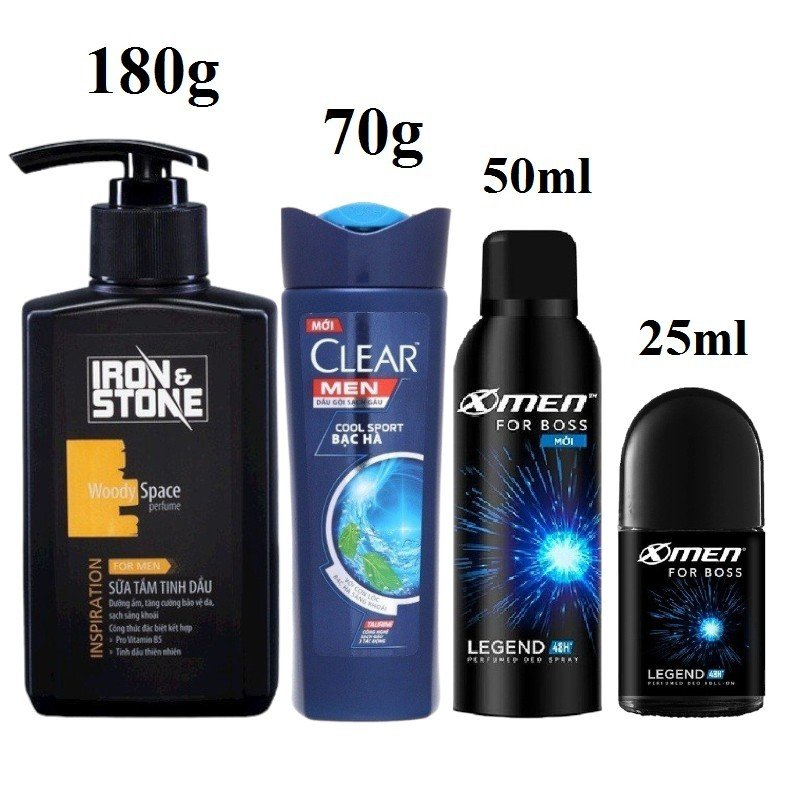 Combo 4 món - Xịt Xmen 50ml + Lắn Xmen 25ml + Dầu Gội Clear 70g + Sữa Tắm Iron 180g