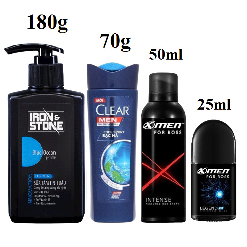 Combo 4 món - Xịt Xmen 50ml + Lắn Xmen 25ml + Dầu Gội Clear 70g + Sữa Tắm Iron 180g
