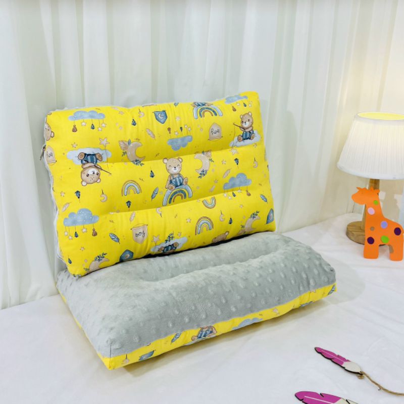 Gối nằm 2 mặt cho bé 1 mặt là cotton 1 mặt là nỉ nhung matxa mềm mại