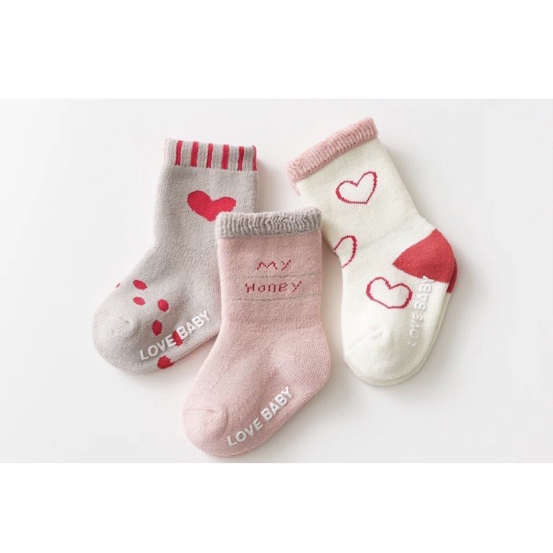 Set 3 đôi tất/vớ chống trượt cho bé cổ cao Hàn Quốc dày ấm cho bé