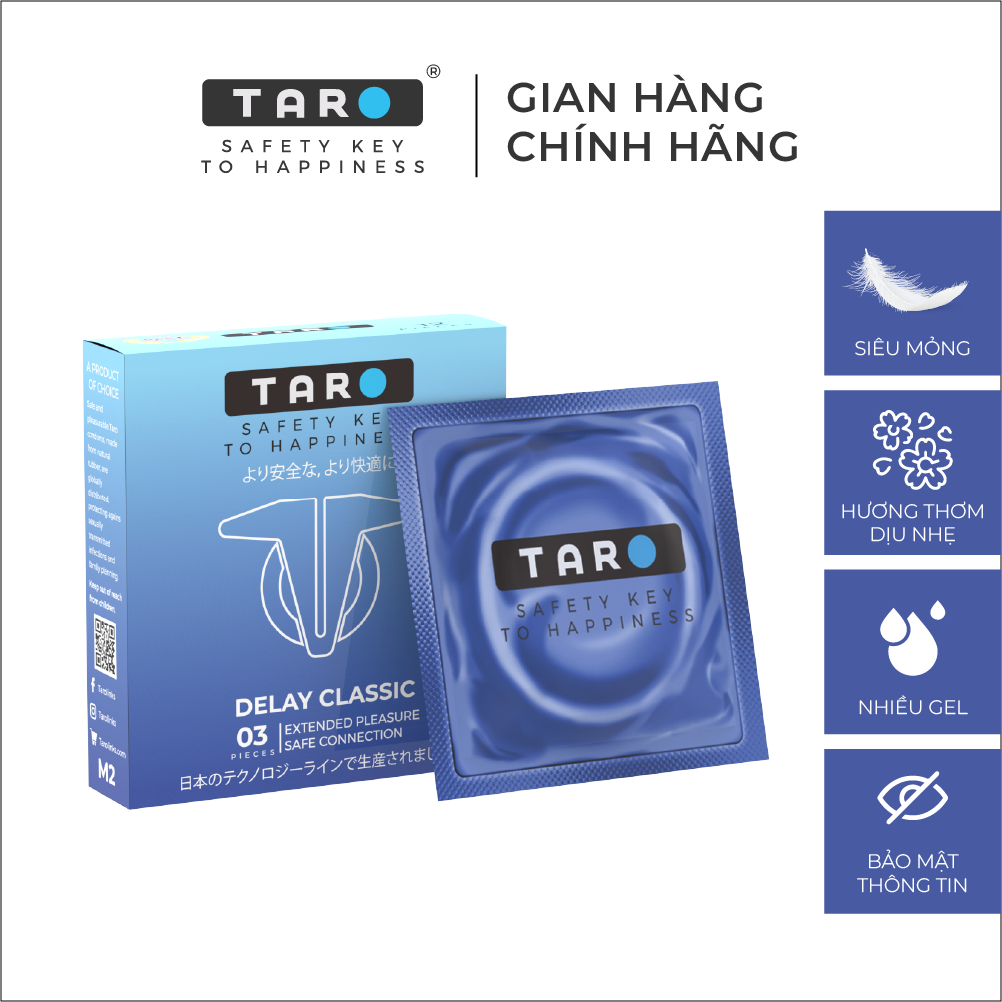 Bao cao su Taro Delay Classic kéo dài thời gian, size 52mm, hôp 3 bao, hộp 12 bao