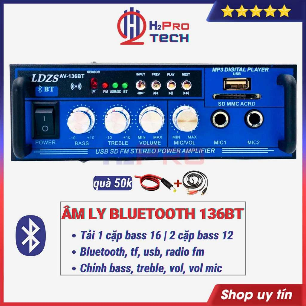 Âm Ly Bluetooth Mini 136Bt 500W Bluetooth 12V-220V, Amply Mini 12V Cao Cấp Nghe Nhạc Hay Hát Karaoke - H2Pro Tech