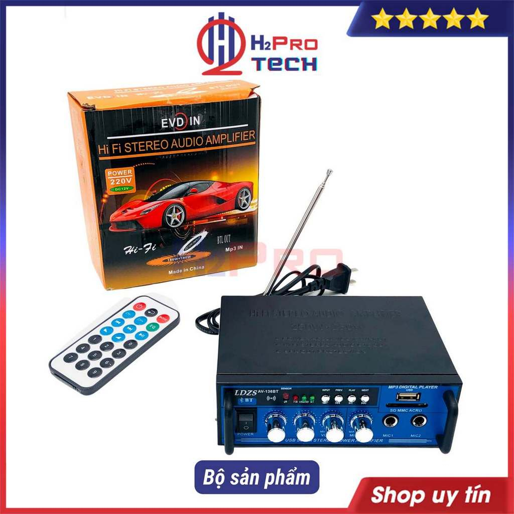 Âm Ly Bluetooth Mini 136Bt 500W Bluetooth 12V-220V, Amply Mini 12V Cao Cấp Nghe Nhạc Hay Hát Karaoke - H2Pro Tech
