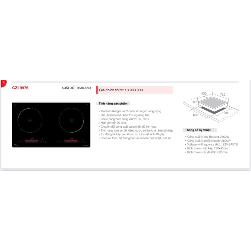 Bếp từ Canzy CZI 9976, Nhập khẩu Thái Lan, Bếp từ đôi Canzy CZ 87i Inverter thế hệ mới, bảo hành 3 năm