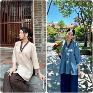 Đồ lam nữ đi chùa, pháp phục lễ chùa bigsize chất liệu đũi phong cách truyền thống Thiên Di D07